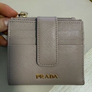 Prada Saffiano Leather Compact Wallet in Taupe with Gold Hardware